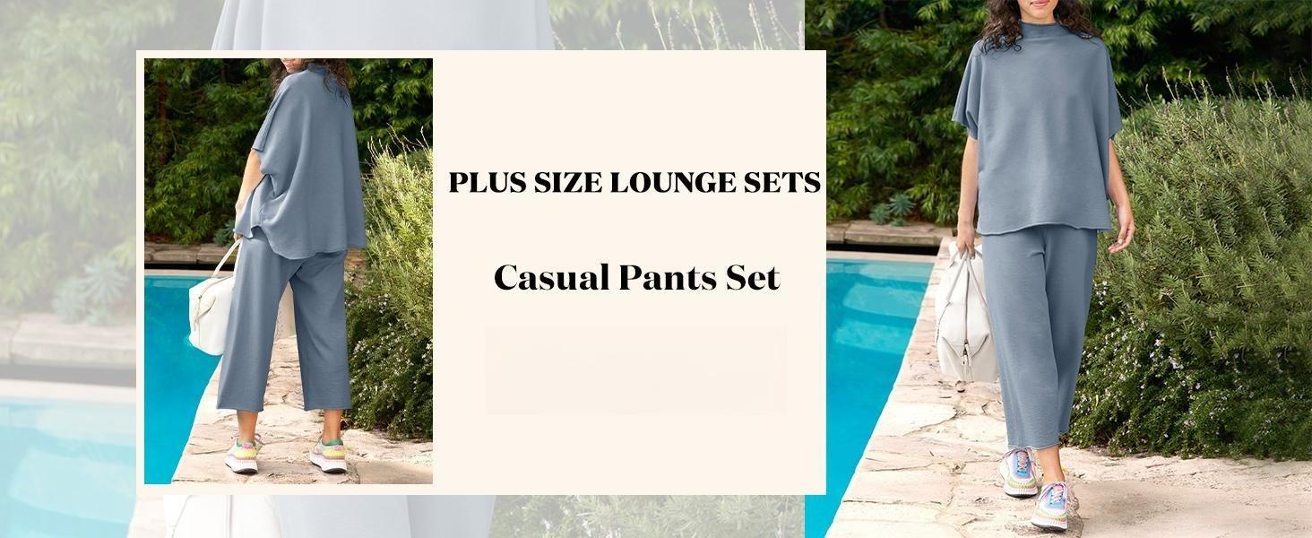 Imily Bela 【L-5XL】Women's Plus Size 2 Piece Outfits 3/4 Batwing Sleeve Capelet Crew Neck Pullover Top Wide Leg Pants Lounge Set