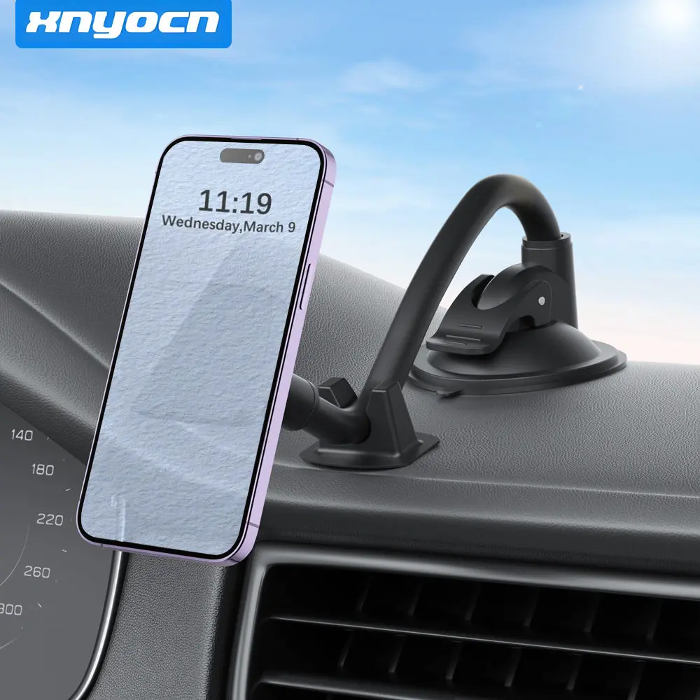 Car Vacuum Suction Cup Gooseneck Magnetic Phone Holder with Stabilizer, Flexible & Bendable Long Arm & 360° Rotation, Compatible with IPhone and Android Smartphones—Windshield Suction Mount Fits Windshields & Dashboards