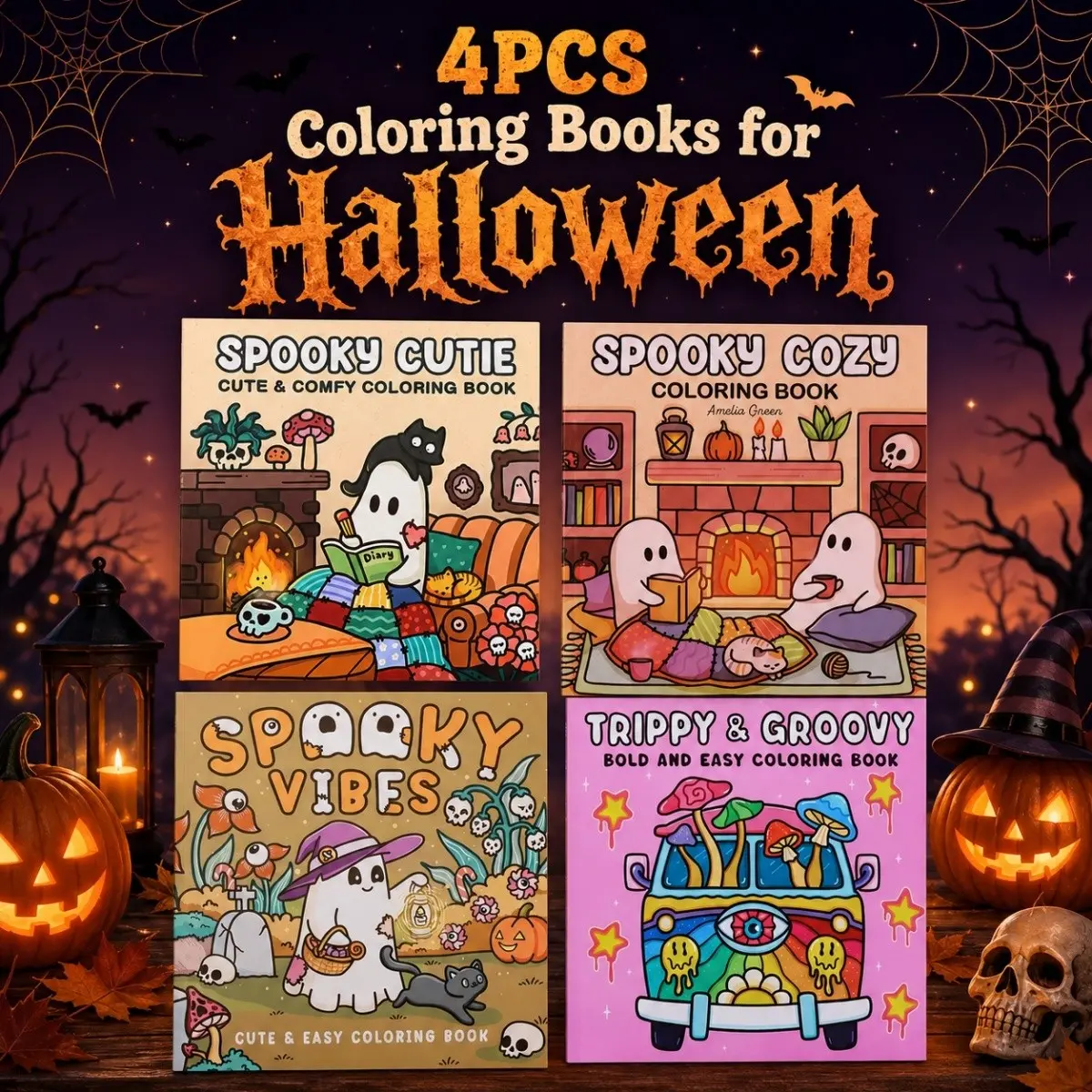 Halloween Coloring Book Set, Cute Ghost Dark Theme, Thick Lines Simple Illustrations, Adult Teen Stress Relief, Halloween Gift