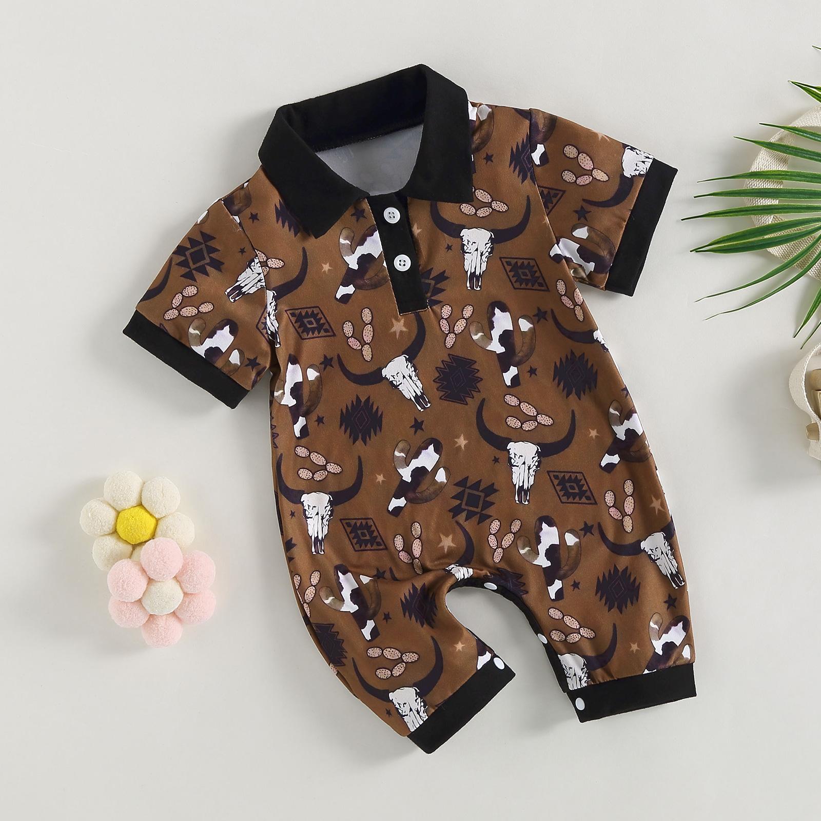 Newborn Baby Boy Girl Western Clothes Bull Head Print Romper Jumpsuit Short Sleeve  Bodysuit Cute Summer Outfit