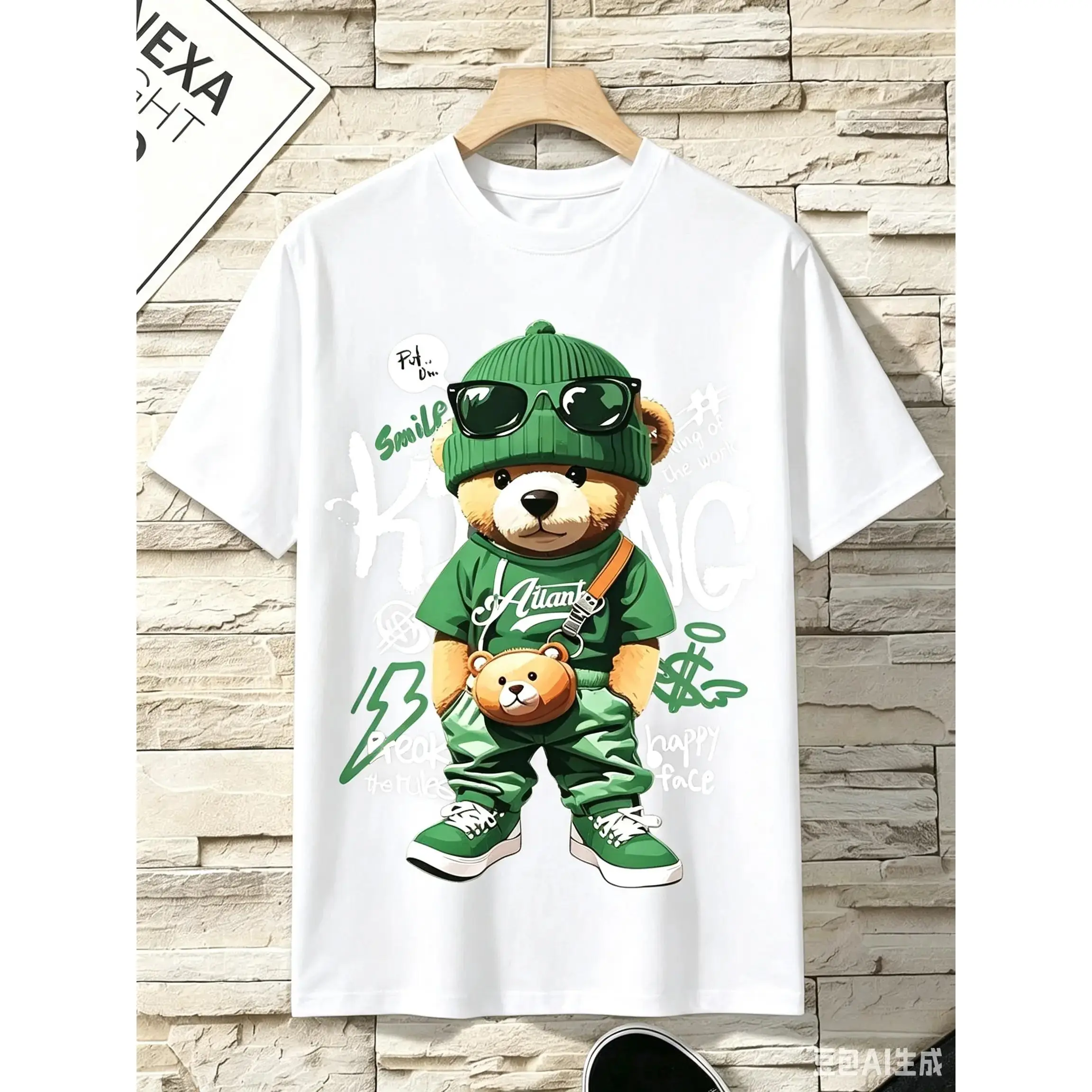 Women'S Casual Bear Graphic T-Shirt,  Cotton Knit Fabric, Crew Neck Short Sleeve Top, Regular Length, Alphabet Pattern, All Season Wear