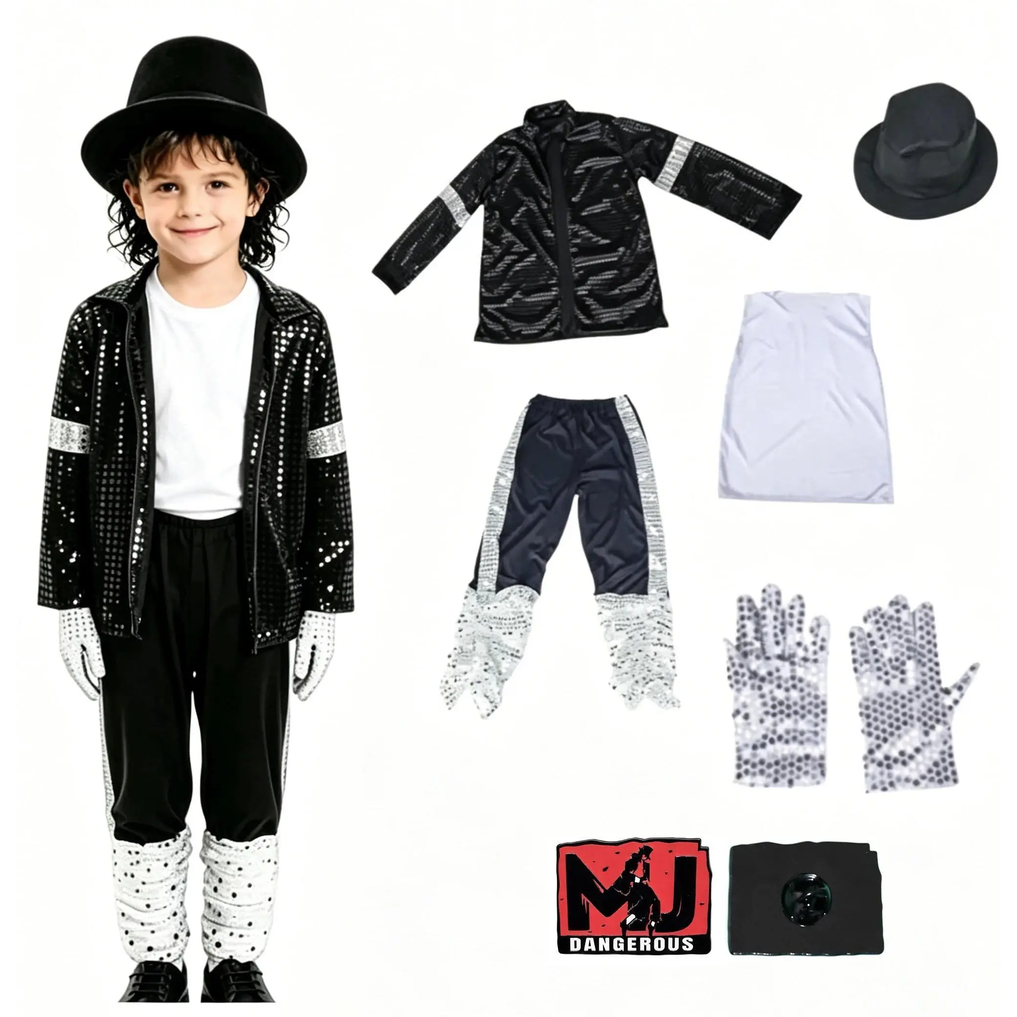 Michael Jackson Costume Kids Boys Billie Jean Black Disco Outfit Retro Dance Costume Set Halloween Party Dress Up With Hat Glove