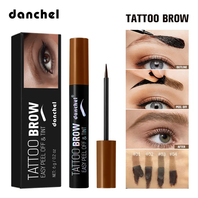 danchel Peel Off Tattoo Brow Tint, 0.1mm Ultra-fine Brush Precise Application, 4 Brown Shades Waterproof Sweatproof Smudge Proof, Long Lasting Semi-permanent Eyebrow Dye Liquid 6g