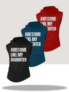 Men Drawstring Hooded Sleeveless Gym Tank Top Awesome Like My Daughter Distressed White Text Print Side Ruched Curved Hem Quick Dry Muscle Fit Compression Workout Vest Father’s Day Gift For Dad Gym Jogging Daily Street Wear 2026 Trendy #fatherdaygift #dad