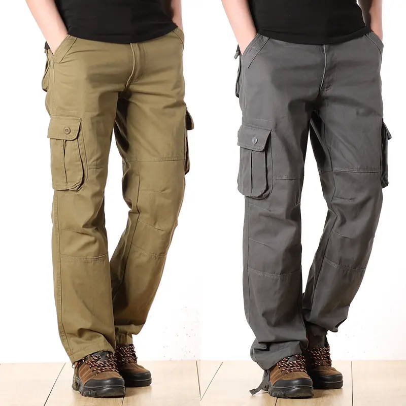 Men's Khaki Cotton Plain Multi-Pocket Straight Leg Cargo Pants - Side Button Flap Pockets, Casual Long Trousers, Machine Wash Suitable for Outdoor Hiking, Travel