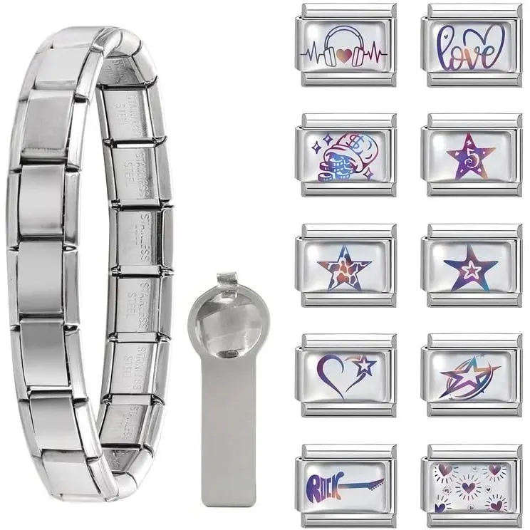 Italian  Bracelet   9mm Stainless Steel Links Set | Women's Italian Style Charms, DIY removable Bracelets Set with Starter Bracelet, Opening Tool and 10 Modules,
