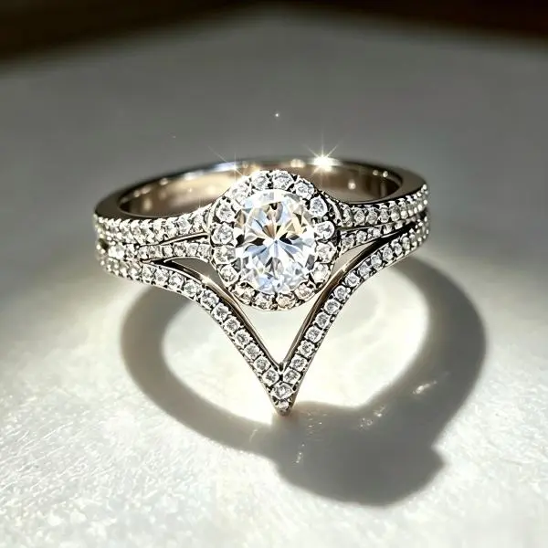 Women's Round Halo Bridal Ring Set - Double Shank, V-Shape Paved Crystal Stackable Band - Elegant Engagement, Wedding Gift Jewelry