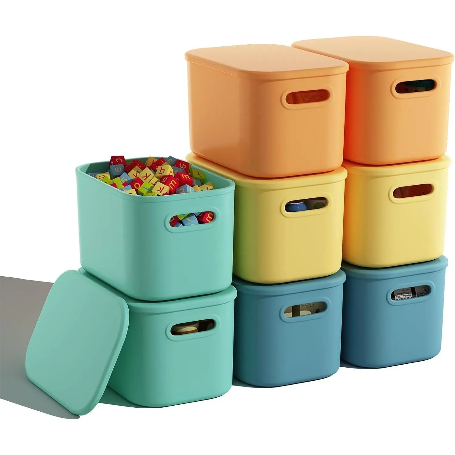 8 Pack Colorful Stackable Storage Bins with Lids and Handles, Cute Storage Containers for Shelves, Craft, Snacks, 9.85x6.9x5.7 inchGift