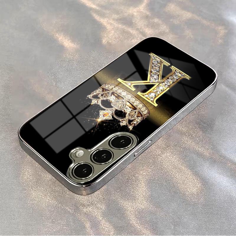Elegant Crown & Letter K Diamond Pattern Phone Case, Electroplated Tempered Glass Design, Compatible with Samsung Galaxy Series