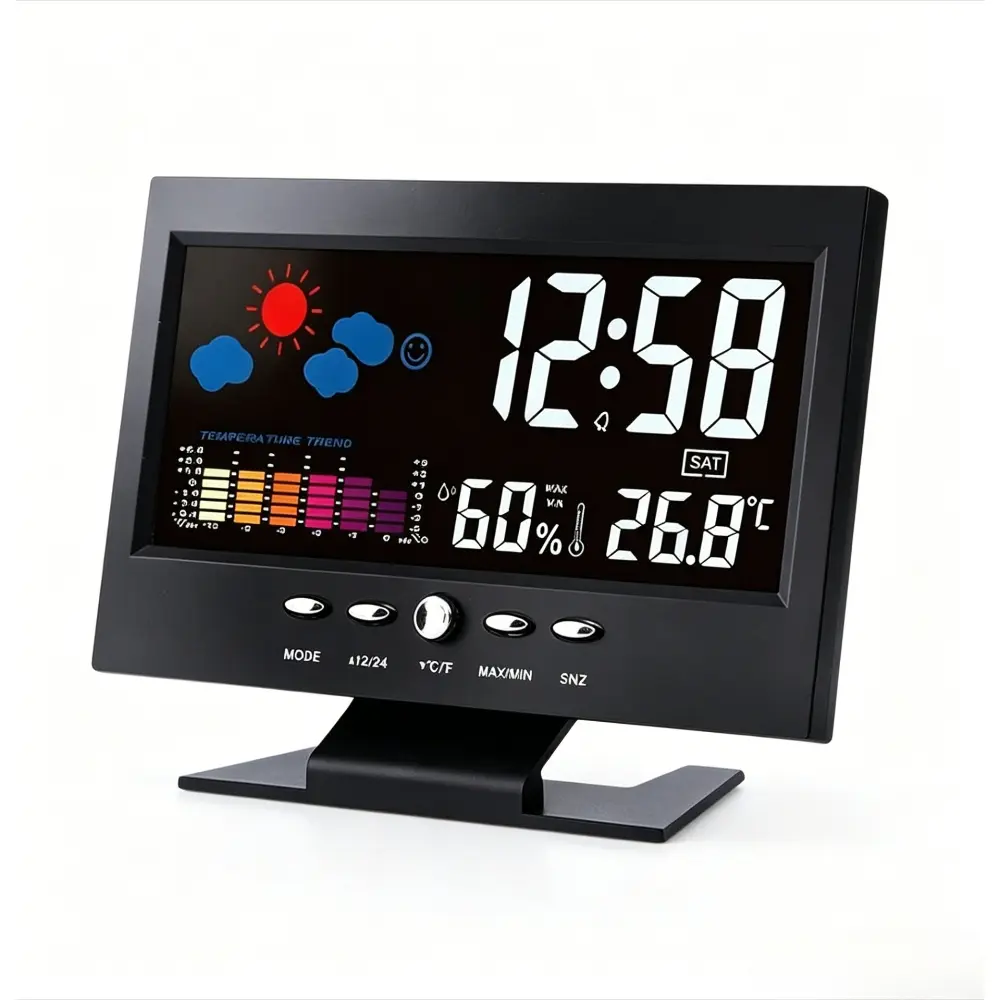 Auto Set Digital Alarm Clock, Large LED Digits Color LCD Display with Snooze, Calendar Temperature Humidity & Weather Monitor, Easy Read Desk Nightstand Clock for Bedroom, Bedroom Clocks Digital