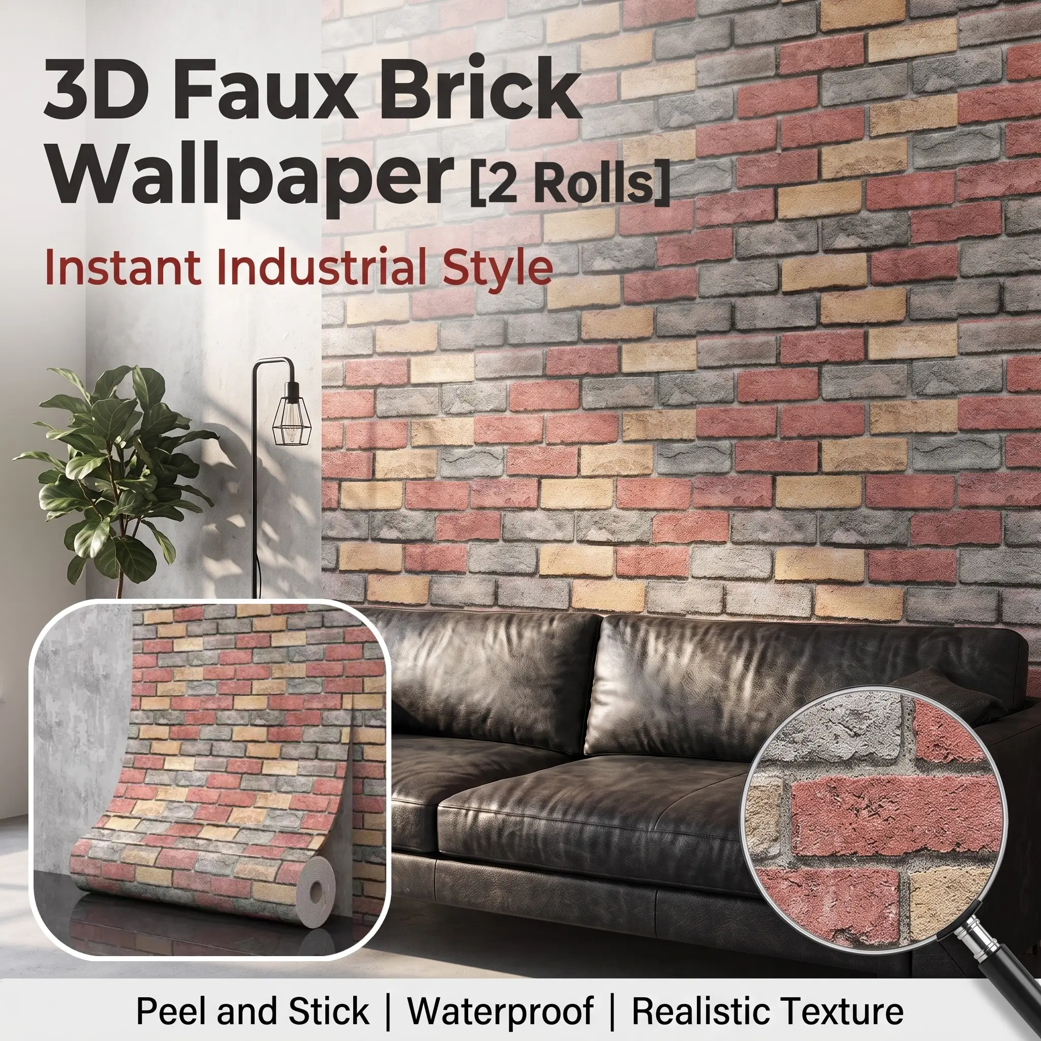 2 Rolls 3D Self-Adhesive Vintage Brick Pattern Wallpaper, Self-adhesive Brick Pattern Wall Panels, Textured Design, Home Decoration Wall Stickers, Peel and Stick, Easy to Clean and Install, Suitable for Living Room, Kitchen, Bedroom, Dormitory, Office Ren