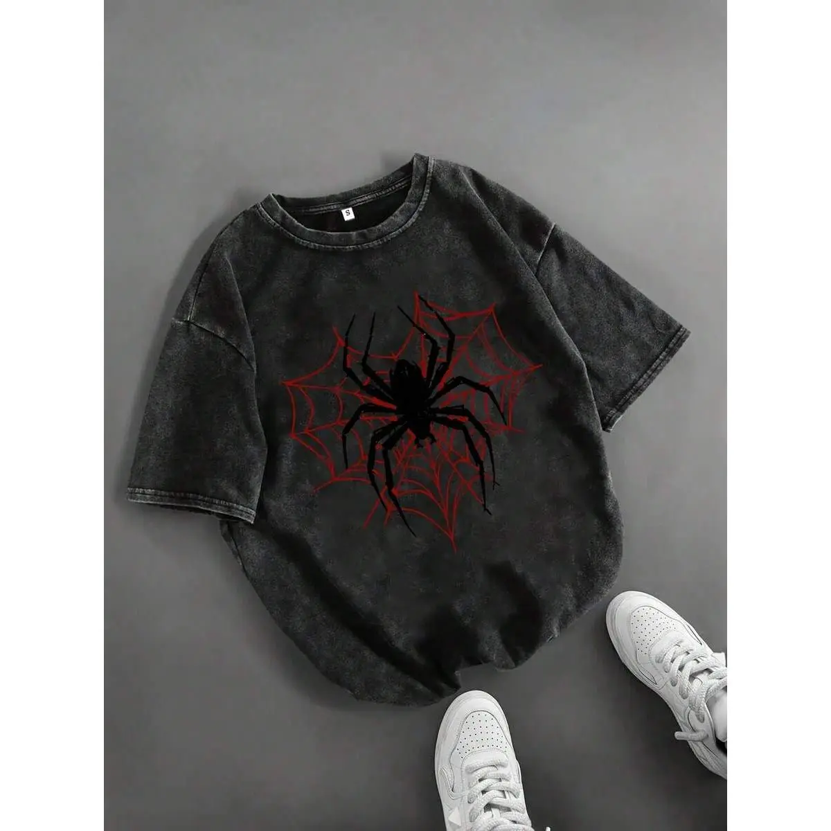 DYE DOODLE  1PC [Spider Print T-Shirt] Fun Spider Print Women's Casual Fashion T-Shirt |   Washed And Distressed Summer Outfits Men Shirts
