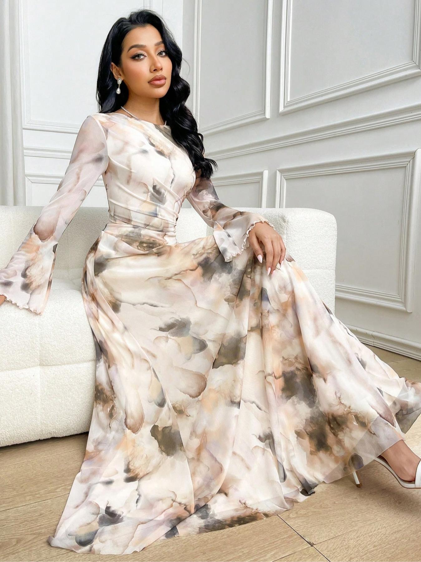 Elegant Women's Tie-Dye Print Long Sleeve Round Neck Maxi Dress, Party Wear Formal Gown, Ladies Fashionable Chic Evening Dresses