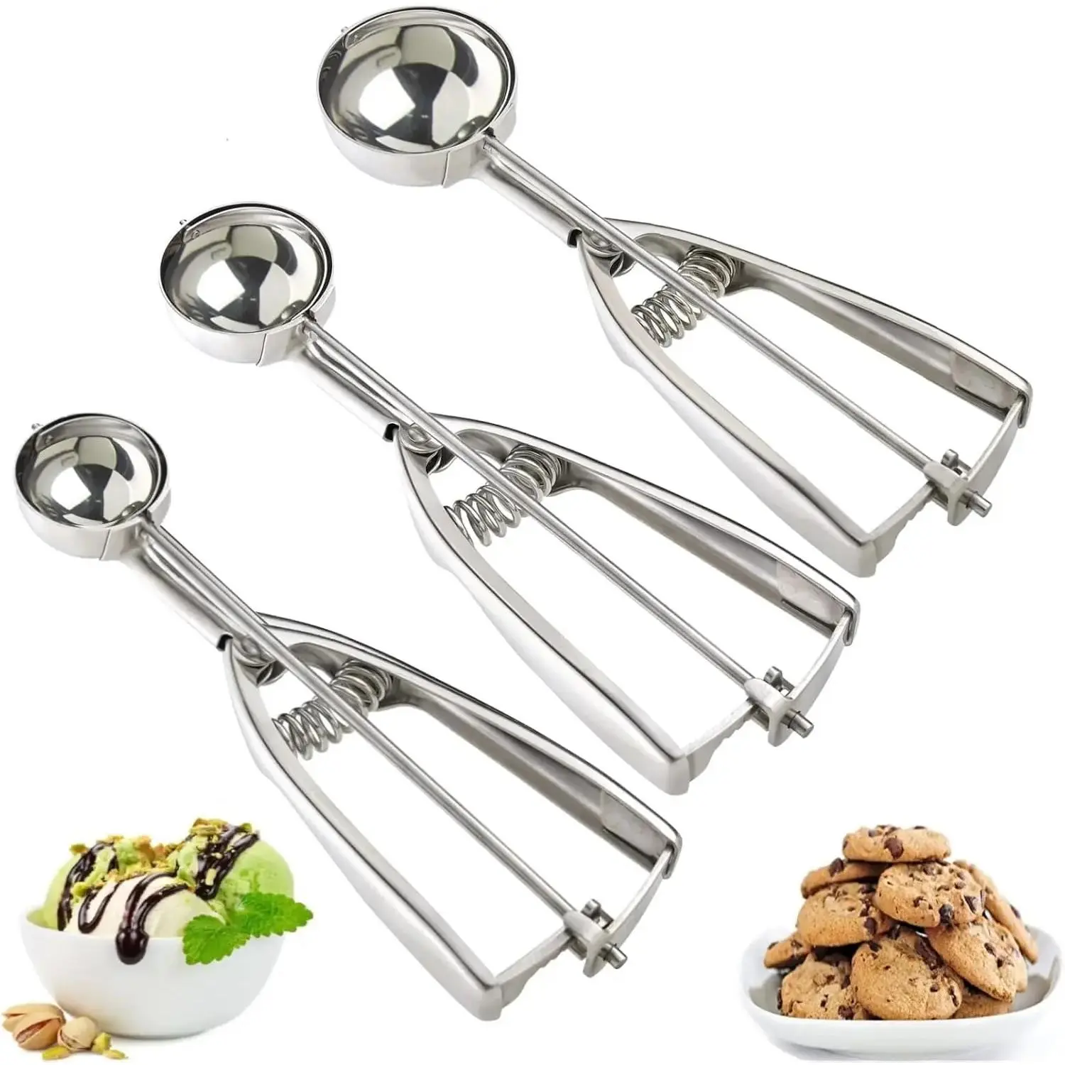 3-Piece Stainless Steel Cookie & Ice Cream Scoop Set – Easy Trigger-Release Dough Scoopers for Baking, Perfect Portioning & Smooth Scooping