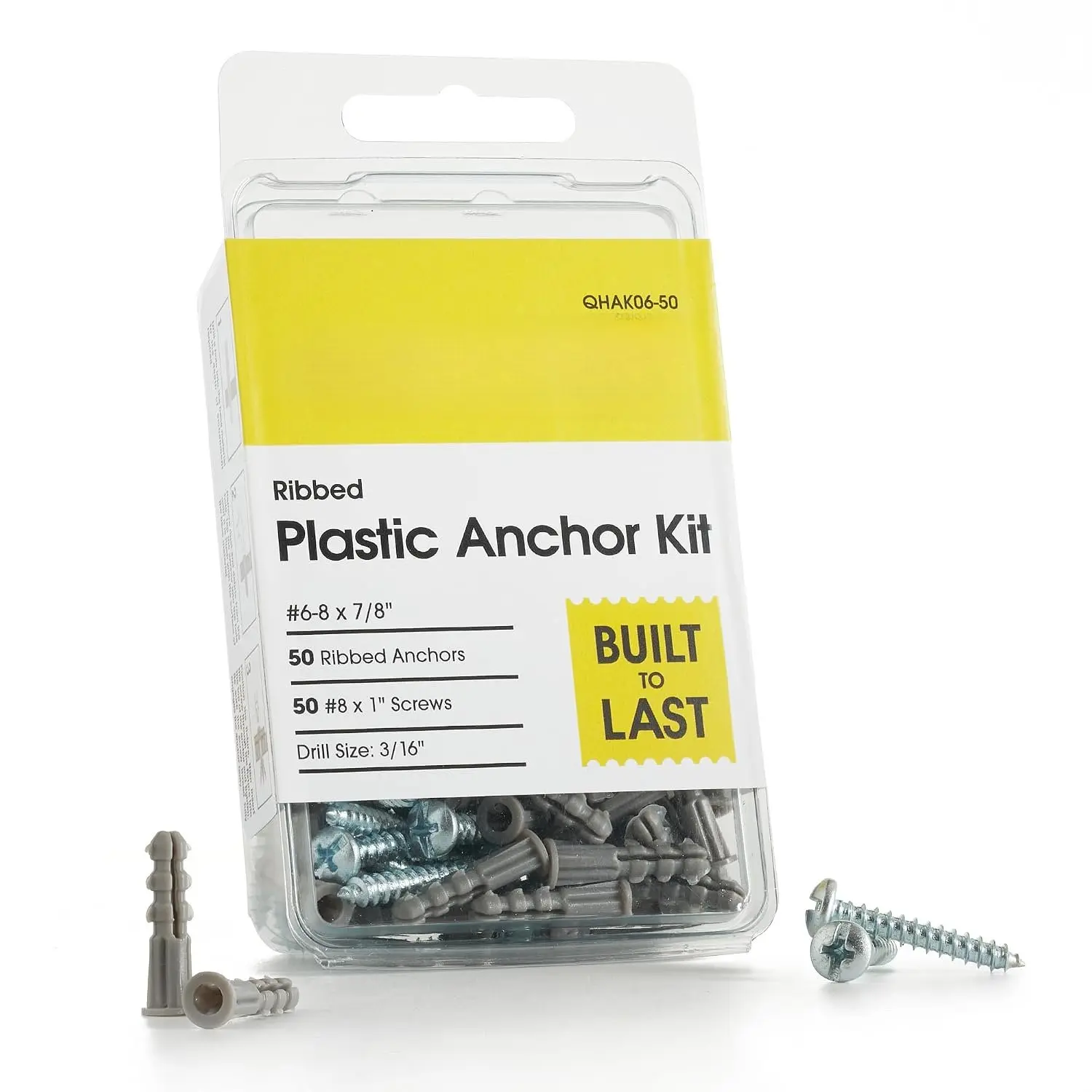 Drywall Anchors and Screws Kit – 50 Anchors & 50 Screws for Drywall, Plastic Wall Anchors for Picture Frames, Shelves, Mirrors, Ribbed Design (6-8 x 7/8")