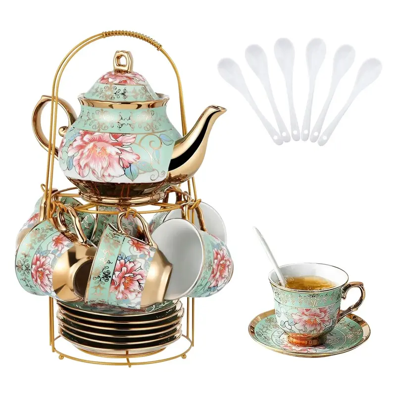 European-Inspired Gold Vintage Floral Print Porcelain Ceramic Tea Party Set - 700ml Large Teapot, 20-Piece Cup & Saucer, Metal Stand, Dishwasher & Microwave-Safe Home Supplies Drinkware for Women's Casual Gatherings
