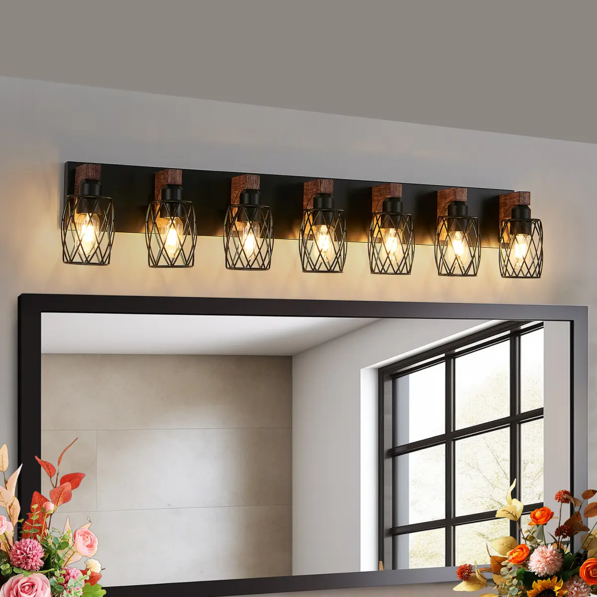 Industrial Vintage 7-Light Wall Sconce - Black Cage Wall Lighting Fixture with Wooden Accents for Bathroom, Hallway, or Living Room (Bulb Not Included)