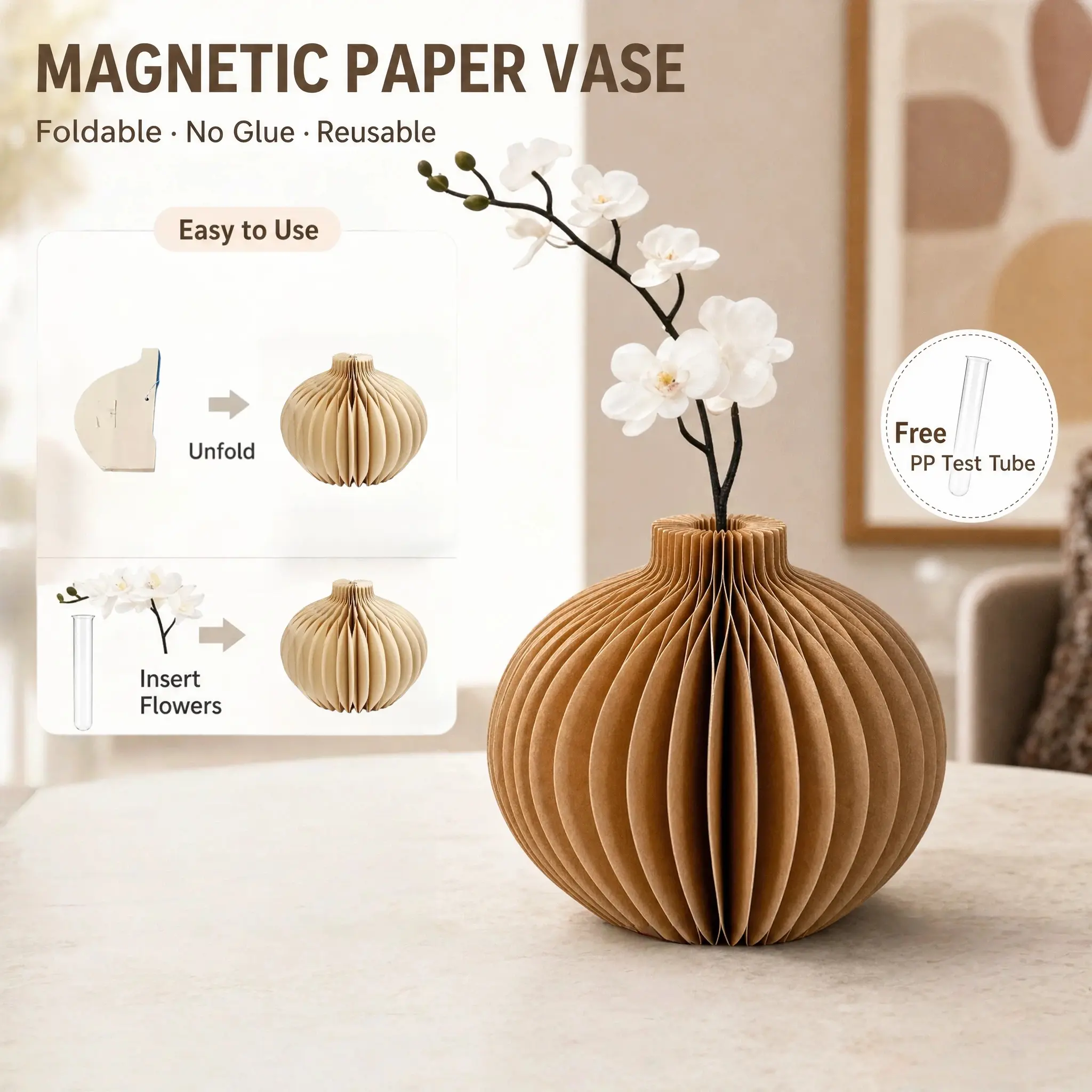 Paper Honeycomb Magnetic Vase, Modern Home Decor, Artistic Foldable Vase, Reusable No Adhesive, Table Wedding Birthday Decoration