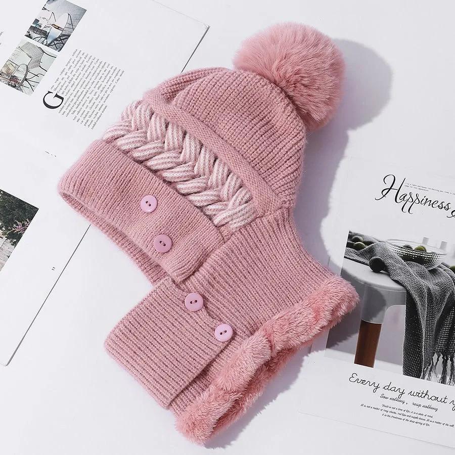 New Style Female Pompoms Winter Hats Plush Fur Lined Keep Warm Winter Hat Women Windproof Coldproof Thicken Balaclava Cap
