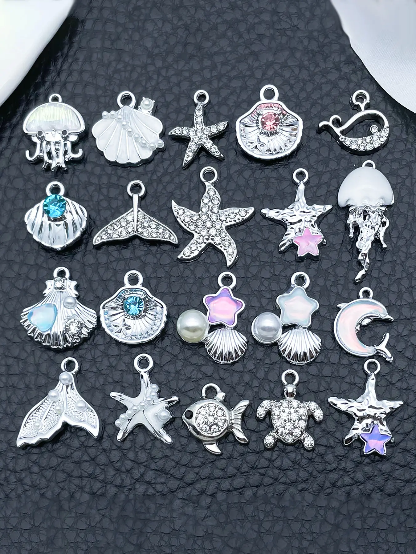20pcs Silvery Ocean Charms Rhinestone Shell Starfish Mermaid Tail Dolphin Jellyfish Pendant for DIY Bracelet Necklace Jewelry Making Findings