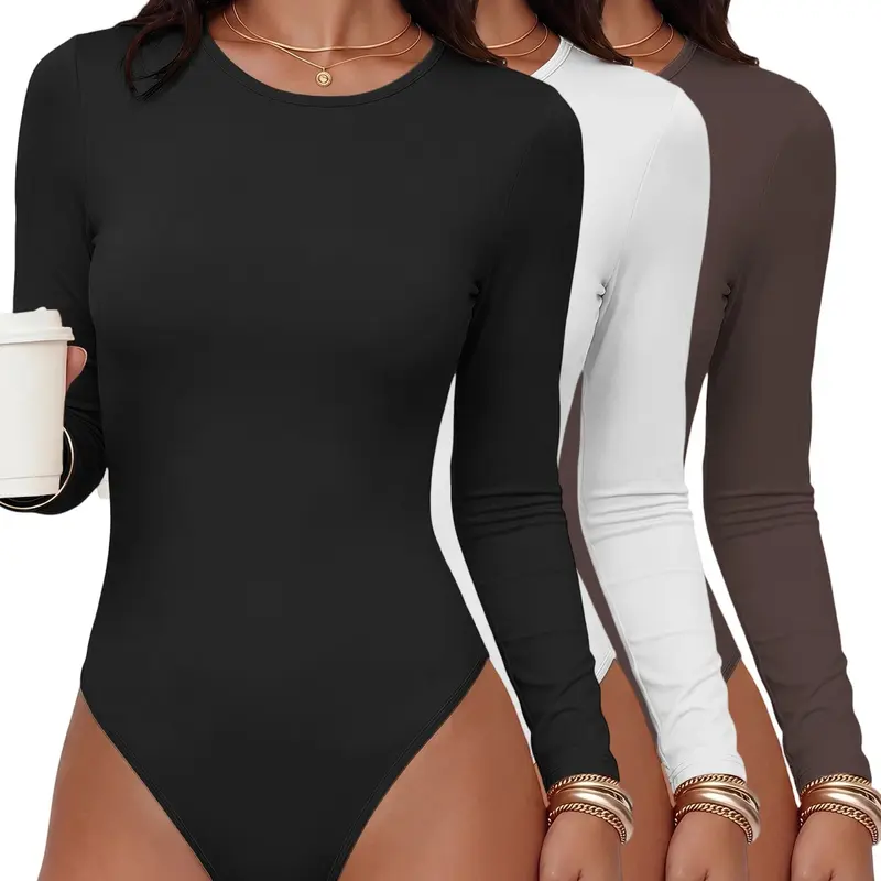 Women's Seamless Tummy Control Faja Bodysuit, Slimming Body Shaper Top, Long Sleeve Crewneck Butt Lifter Shapewear, Casual All-Season Wear