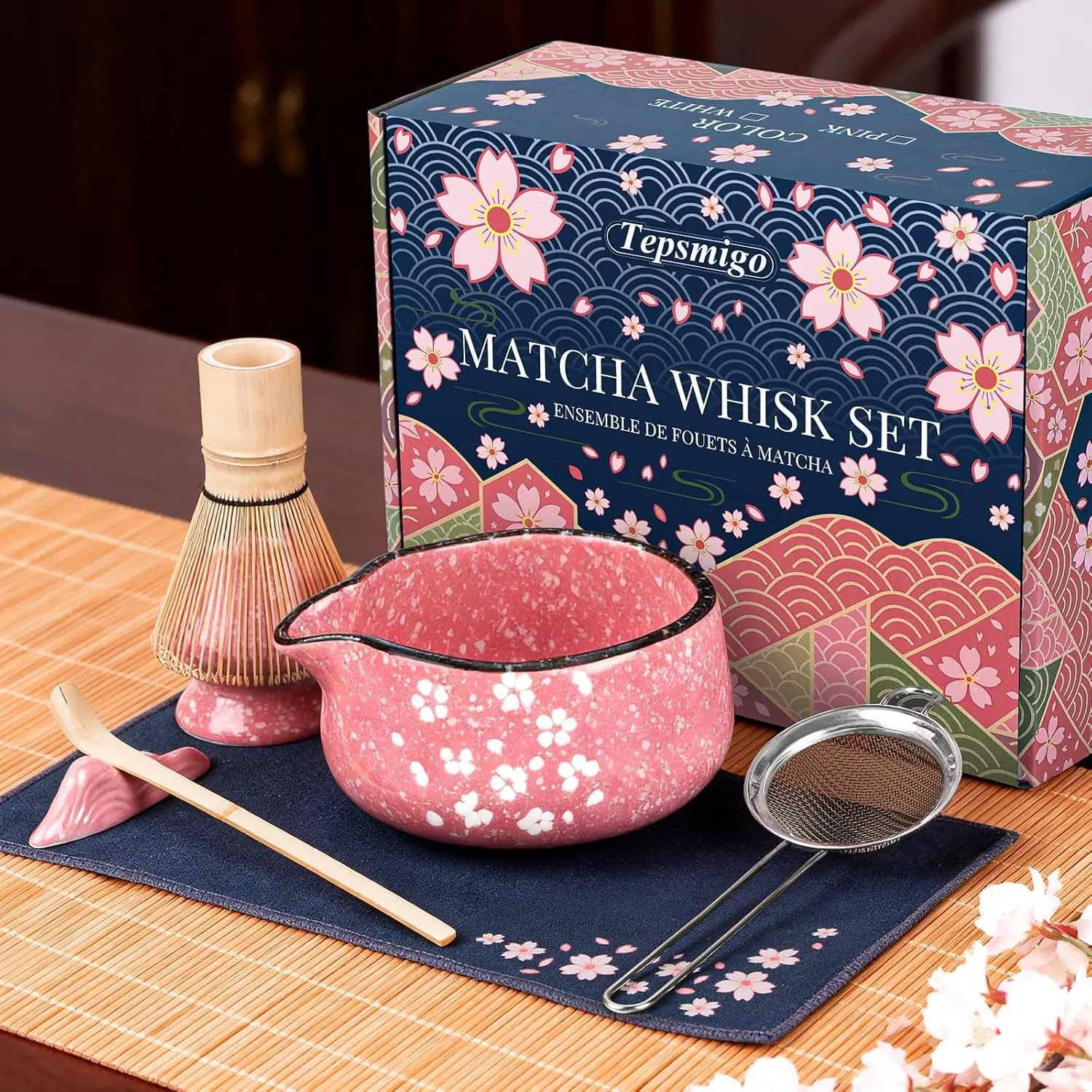 Women's 7-PCS Ceramic Matcha Teaware Gift Pack Complete Kit - Includes Bowl, Bamboo Whisk, Whisk Holder, Towel, Sifter, Bamboo Scoop, Scoop Rest - Ideal Christmas/Birthday Gifts for Tea Lovers