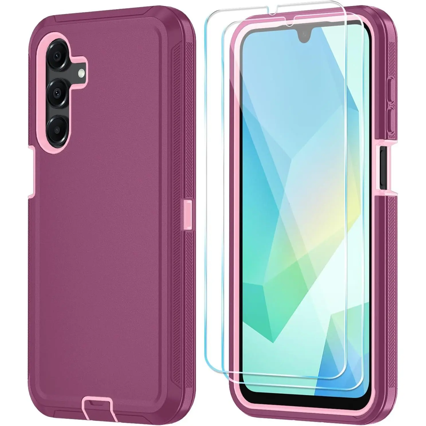 Phone Case for Samsung Galaxy A16 5G Case with HD Screen Protector, Heavy Duty Shockproof & Dropproof 3-Layer Cover Phone Case for Galaxy A16,WineRedPink