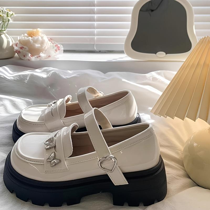 Girls' Mary Jane Shoes with Butterfly Decoration, Patent Leather Thick Sole with Velcro, Casual Lolita Style, Girls' Daily Shoes