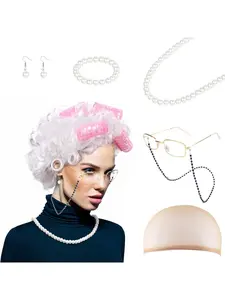 11 Pieces Old Lady Costume Cosplay Set, Grandma Wig Cap Granny Glasses Chain Cords Pearl Beads Necklace Earring Hair Curler, Christmas Halloween Old Lady Wig Fits All White