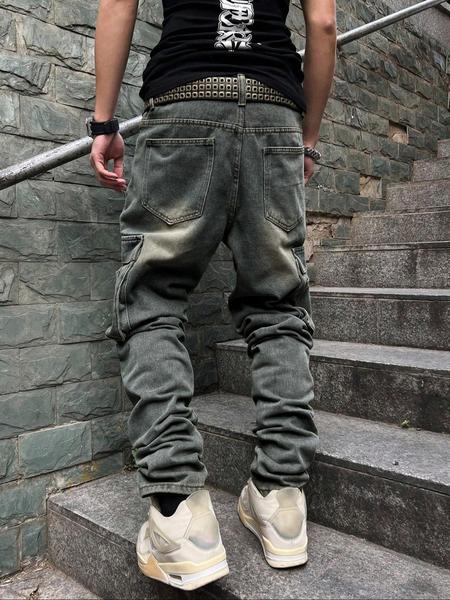 Men's Pioneer Trend Heavyweight Washed Vintage Street Casual Workwear Jeans Extra-Long Straight Loose Fit | Multi-Pocket Design for All Seasons | Button Closure Ideal for Men's Daily Wear