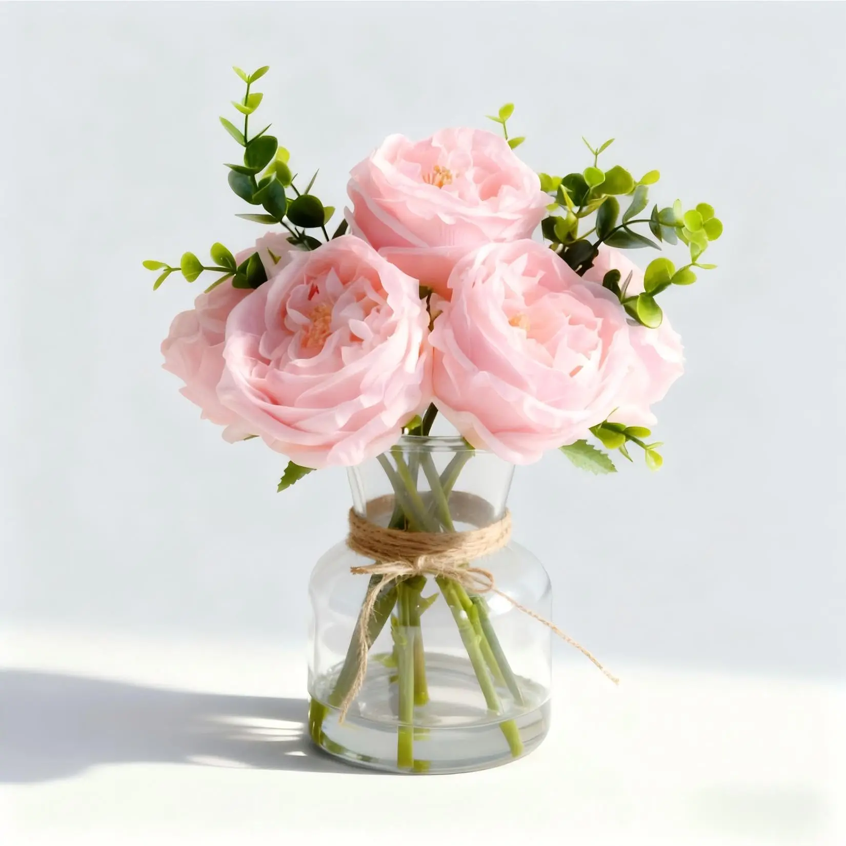 Real Touch Artificial Austin Roses & Peonies with Faux Eucalyptus in Glass Vase – Silk Flower Arrangement – Elegant Centerpiece for Home, Wedding, Party Decor