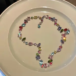Colorful Candy-Style Crystal Zirconia Necklace – Sparkling Y2K Rainbow Collarbone Chain – Perfect Eid Fashion Jewelry Gift