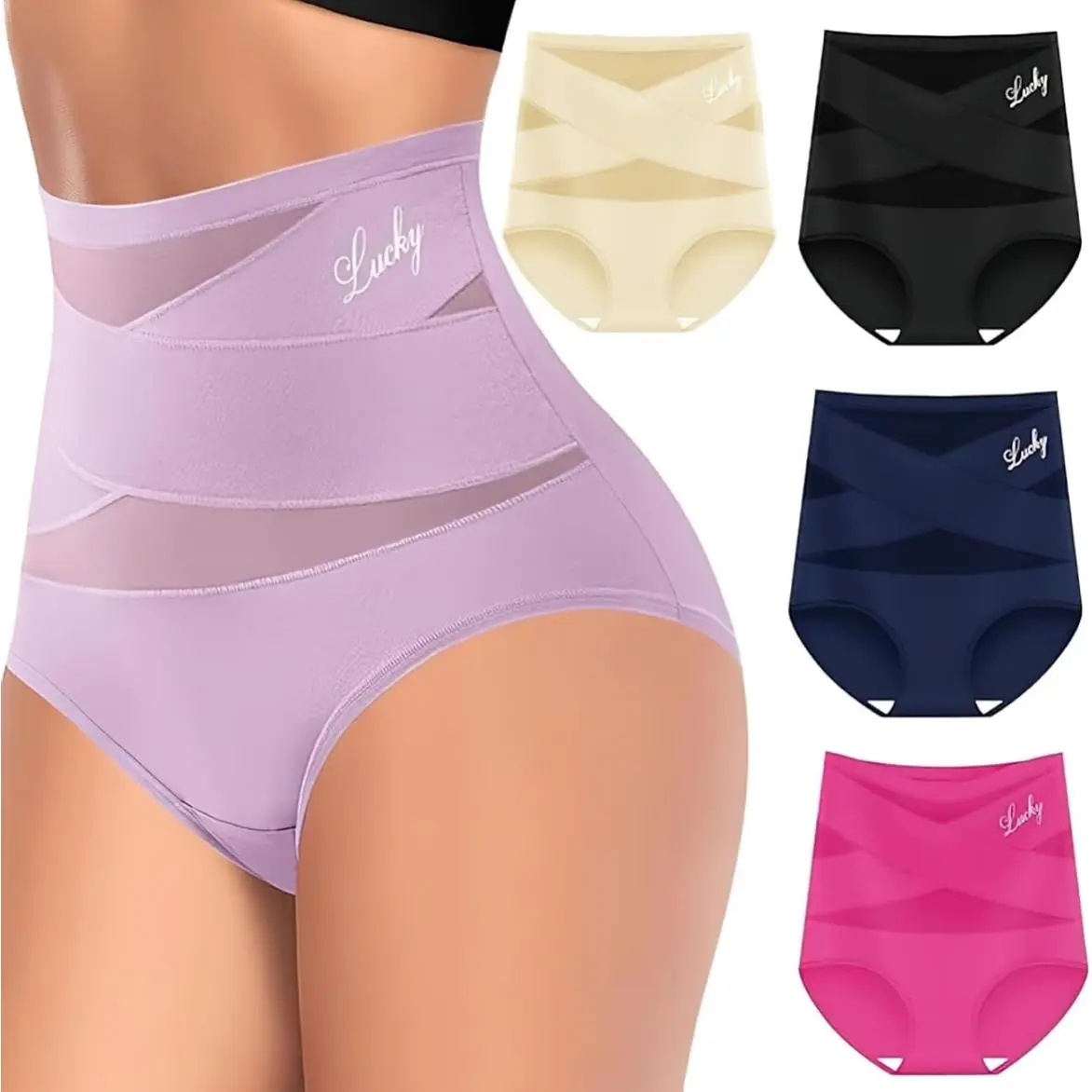 Women's High-Waist Seamless Mesh Panties (5-Pack), Modest Stretch Polyamide Briefs with Light Tummy Control and Letter Print, Minimalist, Uniform, Elastane, Machine Wash, Stretch Fabric