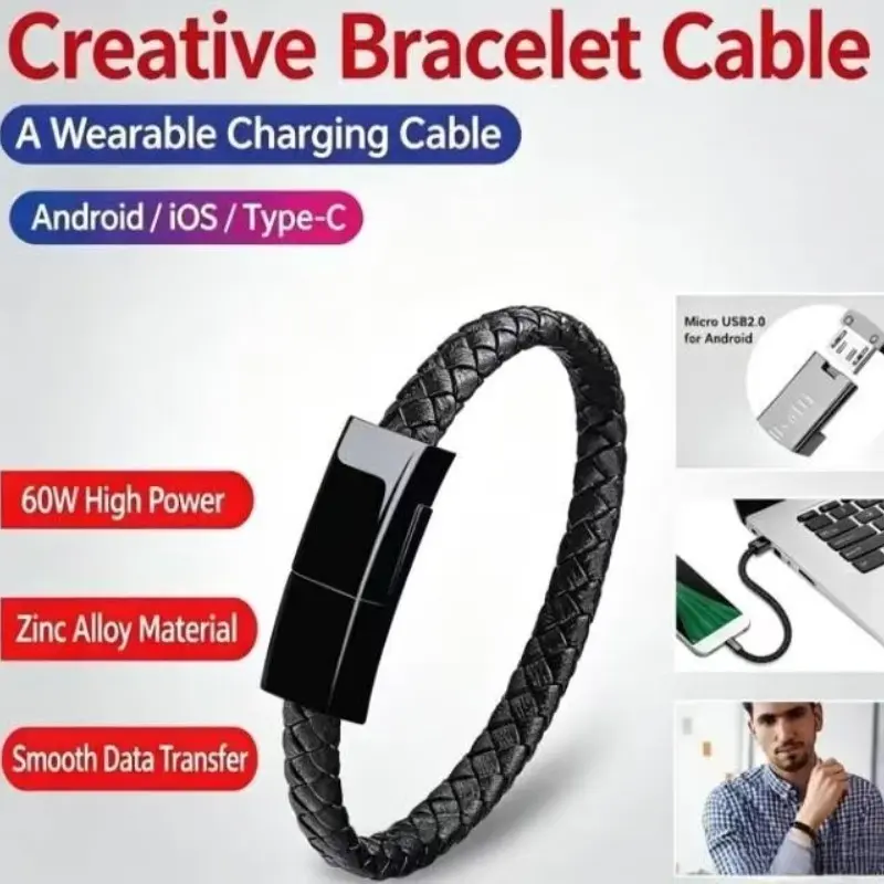 USB-C Charging Wristband, Fast Charge Braided PU Leather Cable, Portable Wearable Emergency Phone Charger, 22.5cm Durable Wristband Cable