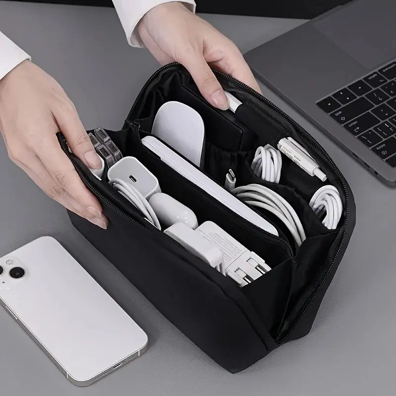 Compartment Tech Organizer Pouch-Portable Electronics Storage Bag for Cables/Chargers/Phones,Durable pu leather Cloth Travel