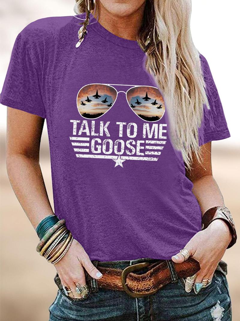 Women's Letter & Sunglasses Print Round Neck Tee, Fashion Casual Crew Neck Short Sleeve T-Shirt for Summer, Women's Clothes for Daily Wear