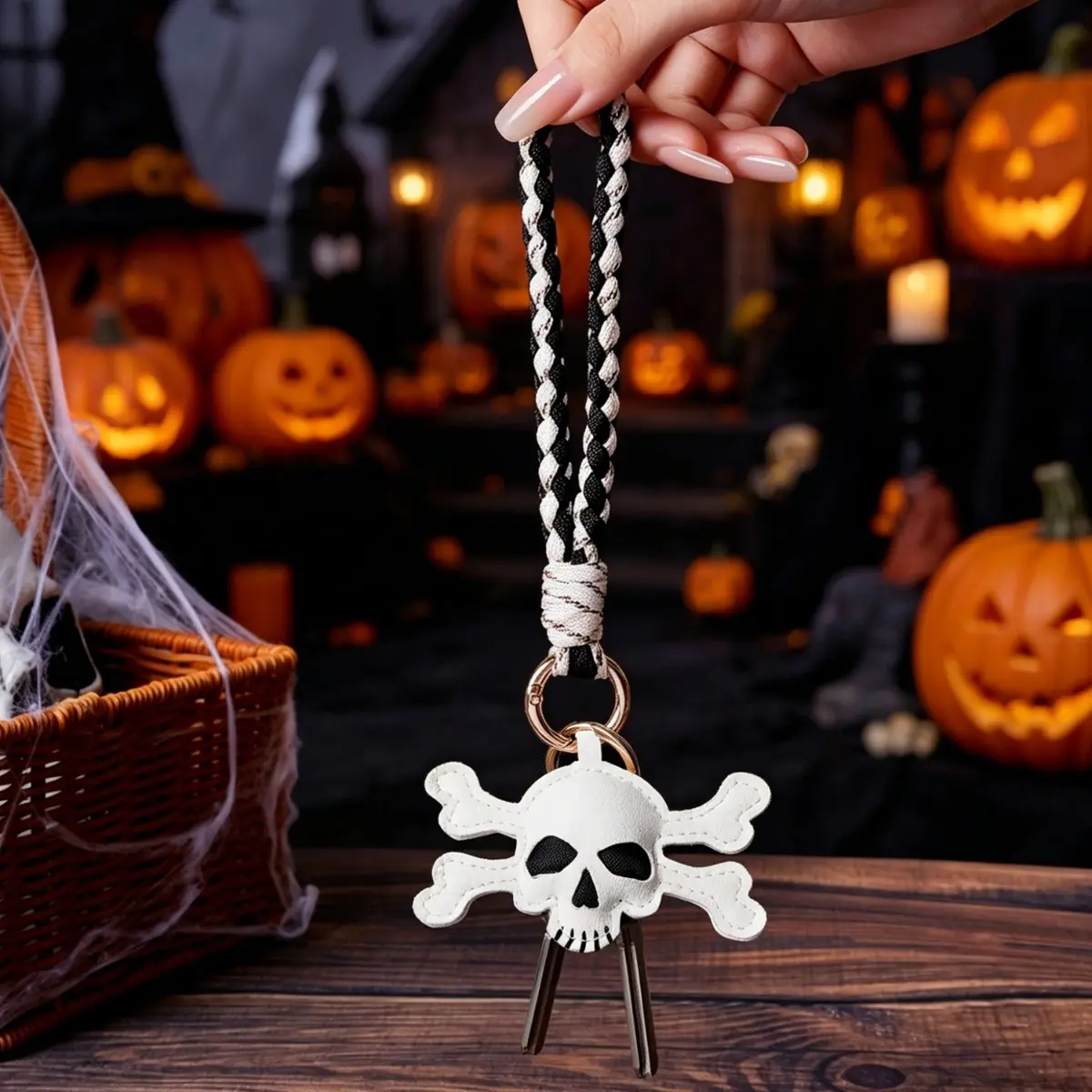 Halloween Skull Crossbones Keychain Black White Braided Rope Wrist Lanyard PU Leather Skeleton Charm Key Holder Gothic Car Key Bag Pendant Gift sohochic