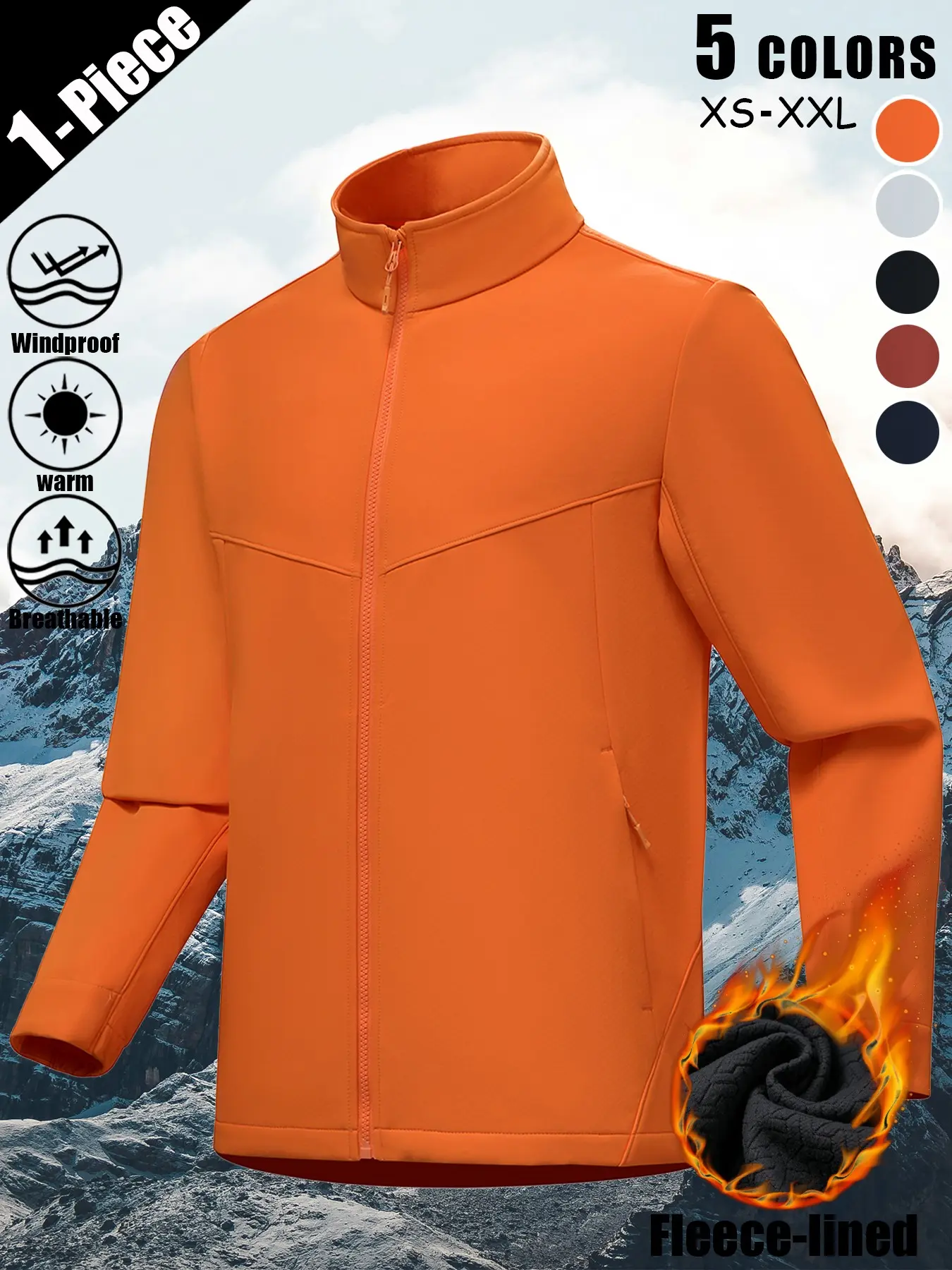 All-Weather Comfort: Fleece-Lined Softshell Jacket Windproof Waterproof Breathable Warm Full Zip Stand Collar Multi Zip Pockets Lightweight Coat for Hiking Fishing Cycling Commute Casual Travel