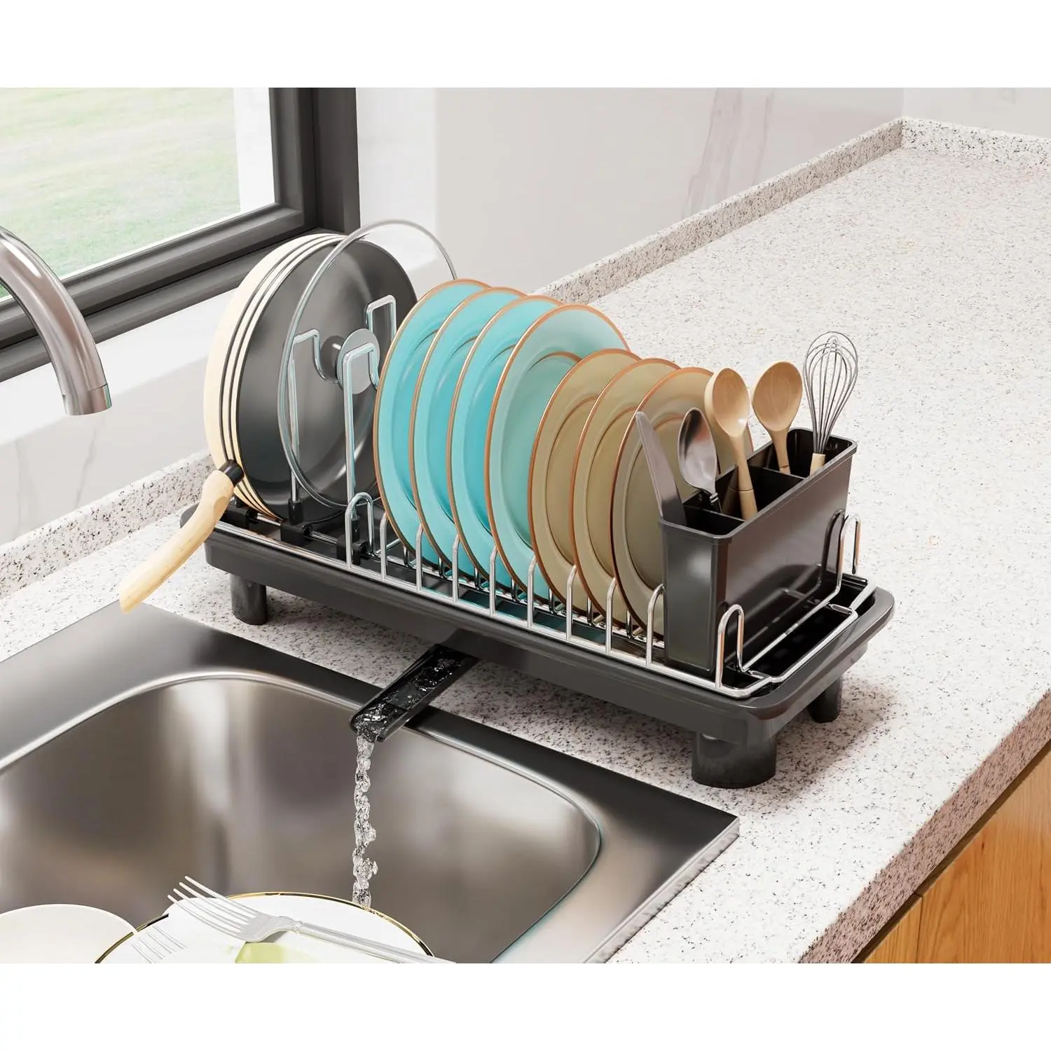 Compact Dish Drying Rack,Small Dish Rack for Kitchen Counter, Dish Drainer with 360° Rotatable Spout,Plate Rack, Dish Strainer with Cutlery Holder for Pots, Fork &  Space Saving