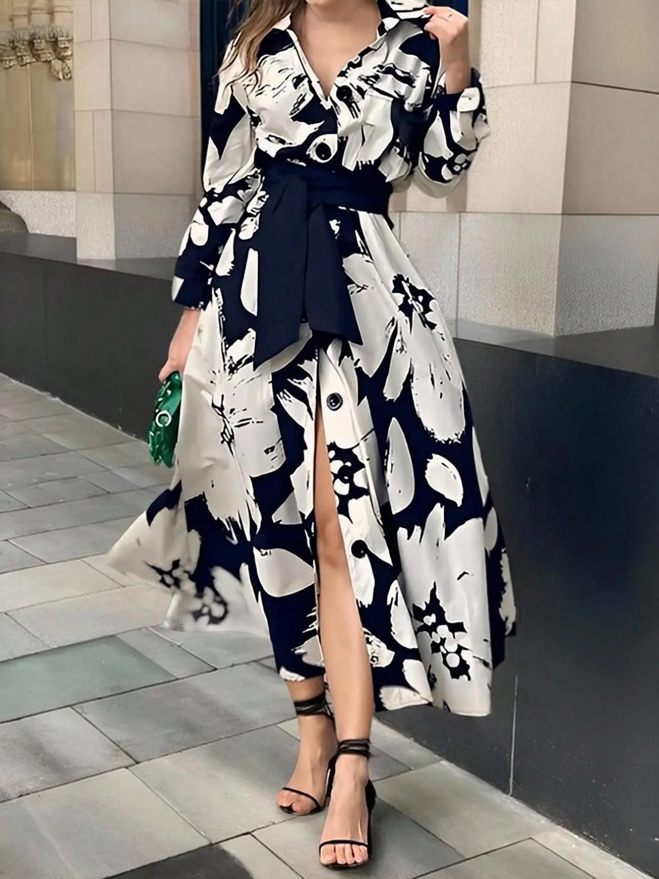 Contrast Ink Wash Dress, Waist Cinch Tie Shirt Collar Long Dress, Elegant Commuter Dress, Stylish Office Wear