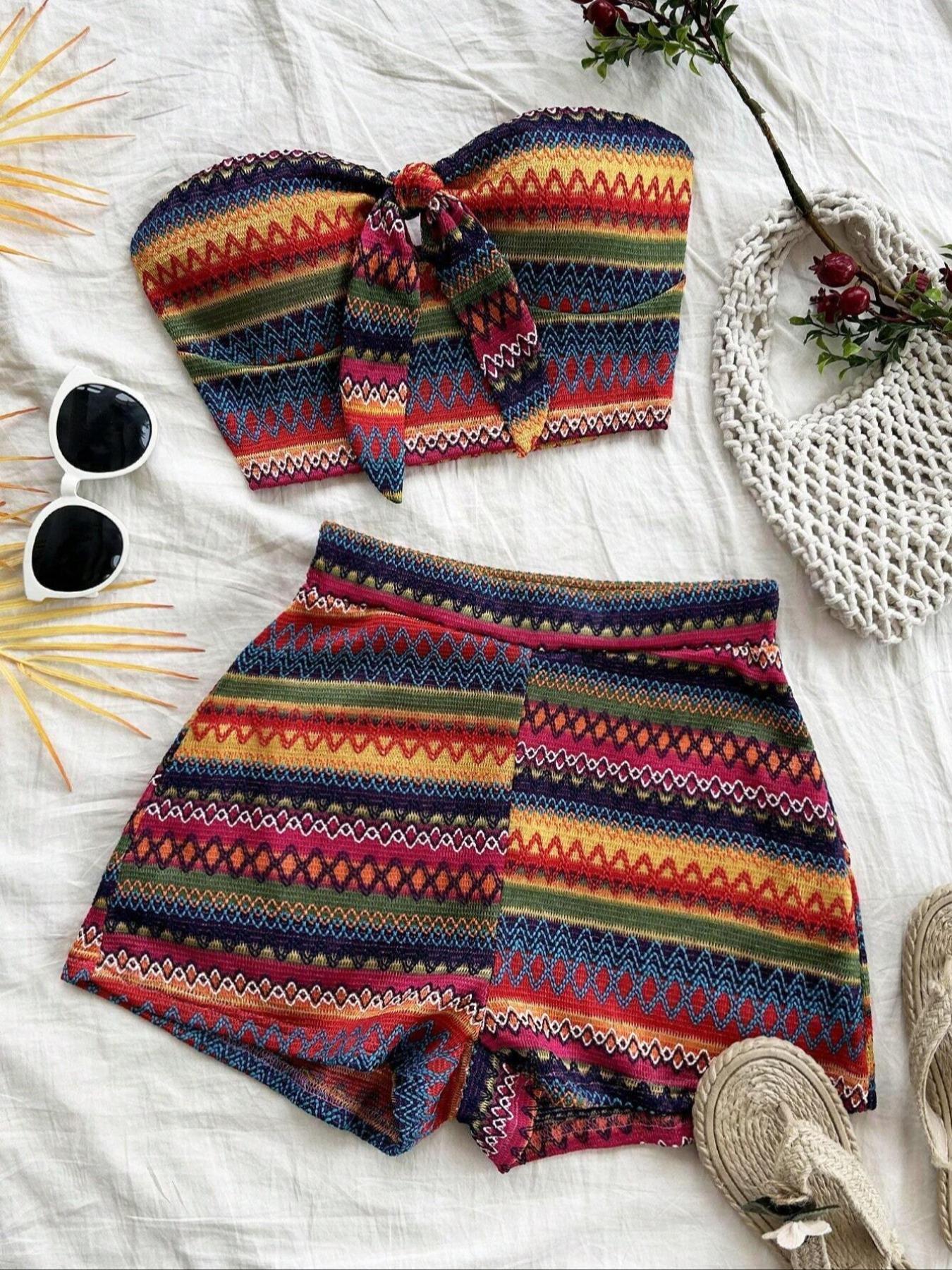 Women's Striped Pattern Crop Tube Top & High Waist Shorts Set, Casual Bohemian Boho Fashion Cozy Two Piece Set for Daily Outdoor Wear, Ladies Clothes for All Seasons Womenswear Summer Sets Women's Striped Pattern Crop Tube Top & High Waist Shorts Set, Casual Bohemian Boho Fashion Cozy Two Piece Set for Daily Outdoor Wear, Ladies Clothes for All Seasons Womenswear Summer Sets