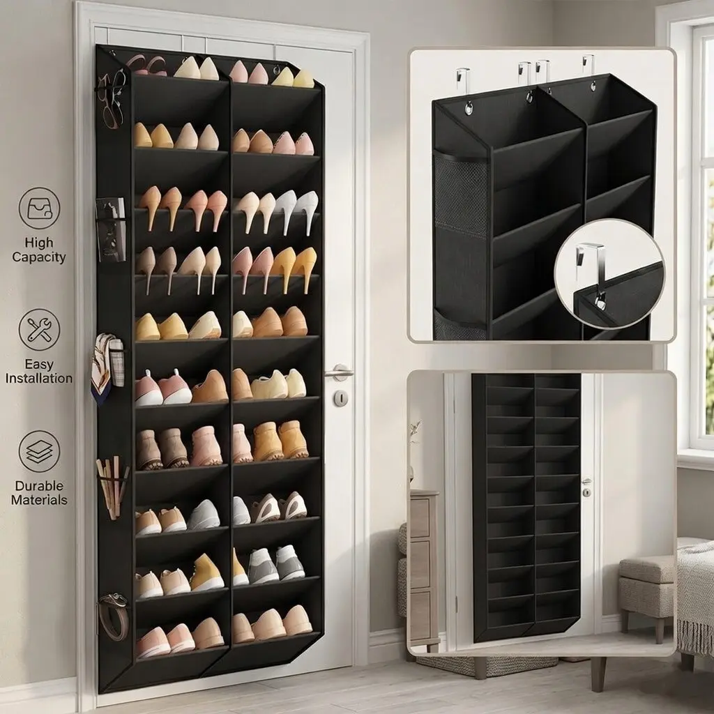 1 Pack Over the Door Shoe Organizer for 20-30 Pairs, Extra Deep Pocket Hanging Shoe Rack with 10 Side Pockets, Heavy Duty Door Shoe Holder, Closet Organizers for Sneakers, Boots & Closet Storage Organization, Space Saving