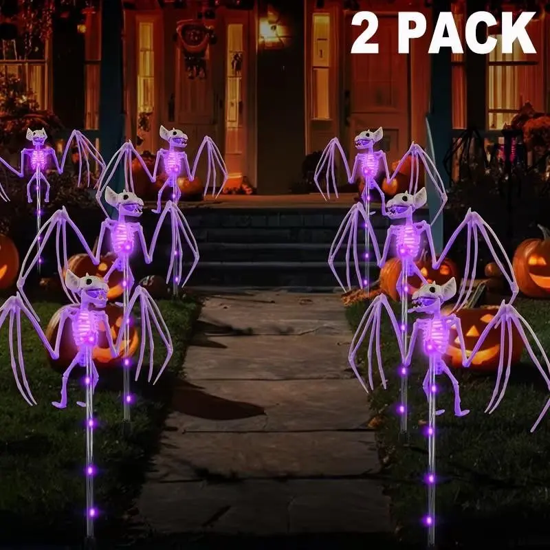 Halloween Outdoor Decorative Lights, Waterproof Solar Garden Lights, 3D Horror Bat Skeleton Lamp, Solar Path Light, Cemetery, Yard, House, Party