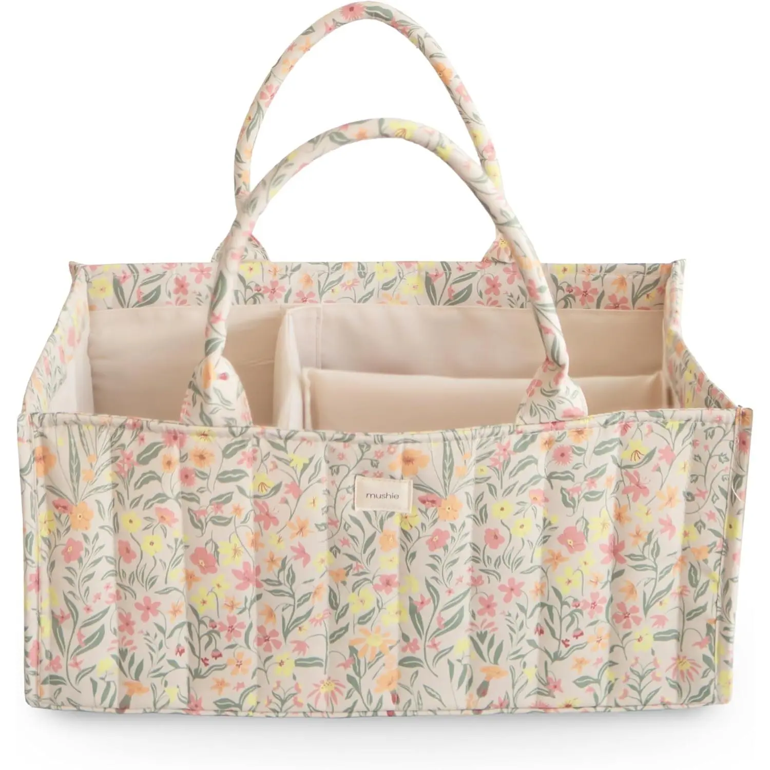 Multi-Compartment Baby Diaper Caddy, Newborn Essentials Organizer for Diaper Changing Station (Pastel Blooms)