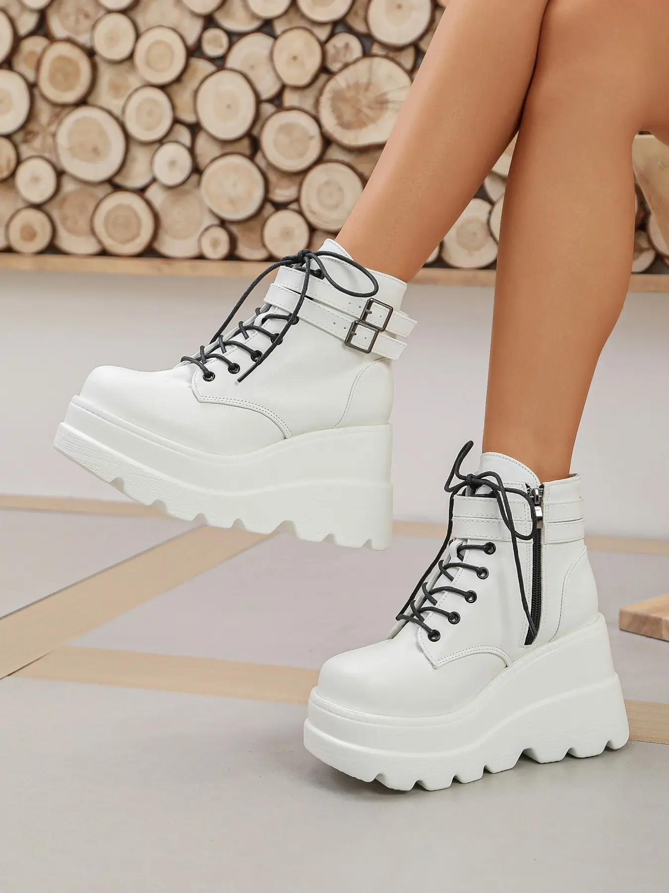 Thick Sole Wedge Short Boots for Women, Dual Buckle Tie-On Platform Boots, 10cm Super High Heel Sweet Cool Height-Boosting Boots, Ladies Motorcycle Boots