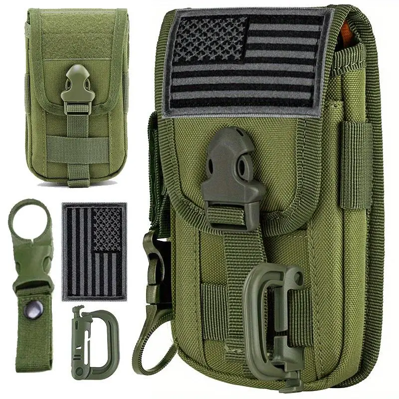 Tactical MOLLE Pouch for Male Hiking Enthusiasts, Durable EDC Belt Bag with American Flag Patch, Water Bottle Buckle, Fits 4.7-6.7 Inch Phones