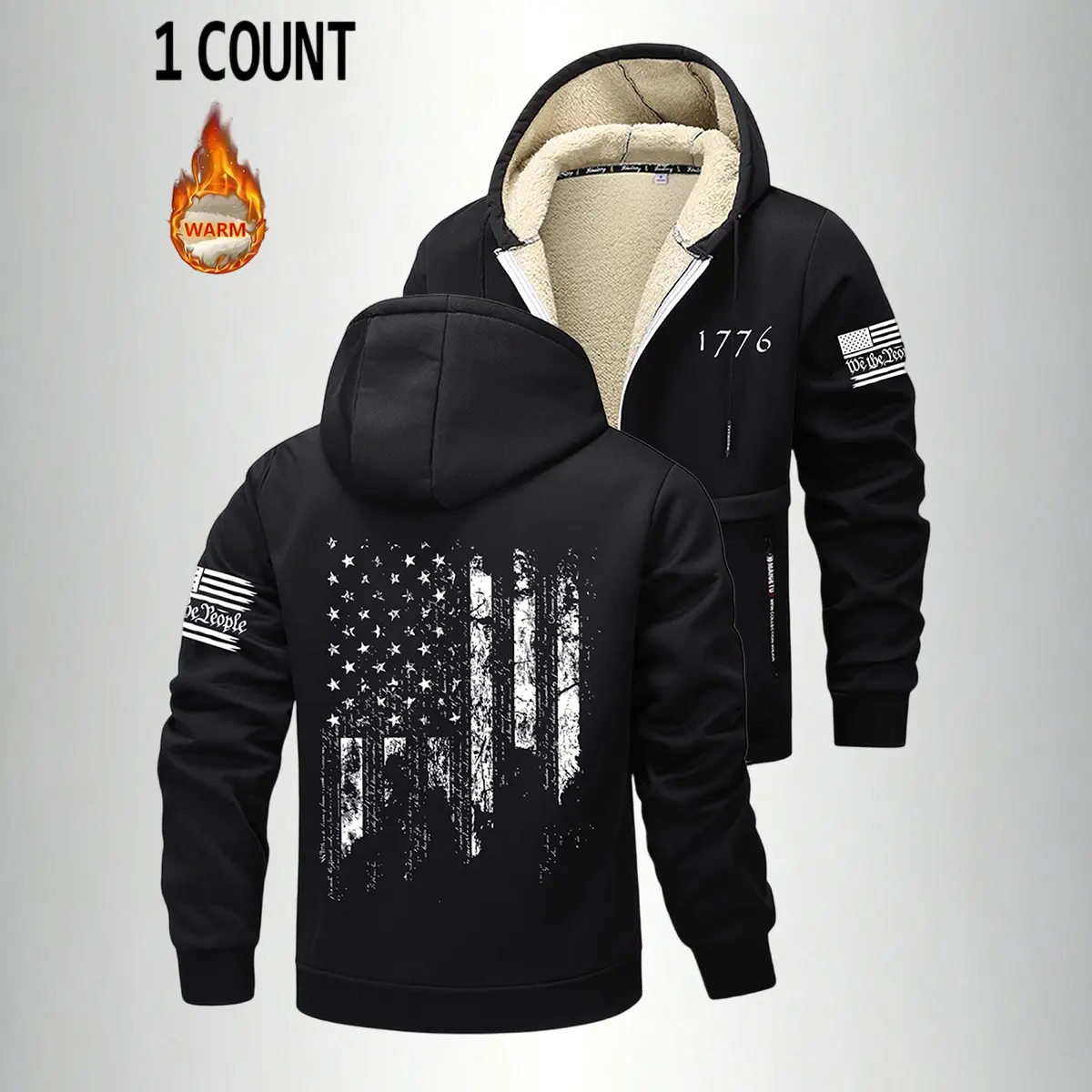 Men's Thick Plush Sherpa Fleece Graphic Zip-Up Hoodie Jacket - 1776 Vintage American Flag, Kangaroo Pocket, Drawstring Hood, Ribbed Cuffs & Hem, Long Sleeve, Patriotic Fall Winter Warm Outdoor Casual Menswear Gift, Graphic Hoodies
