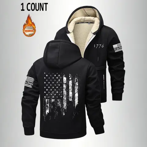 Men's Thick Plush Sherpa Fleece Graphic Zip-Up Hoodie Jacket - 1776 Vintage American Flag, Kangaroo Pocket, Drawstring Hood, Ribbed Cuffs & Hem, Long Sleeve, Patriotic Fall Winter Warm Outdoor Casual Menswear Gift, Graphic Hoodies