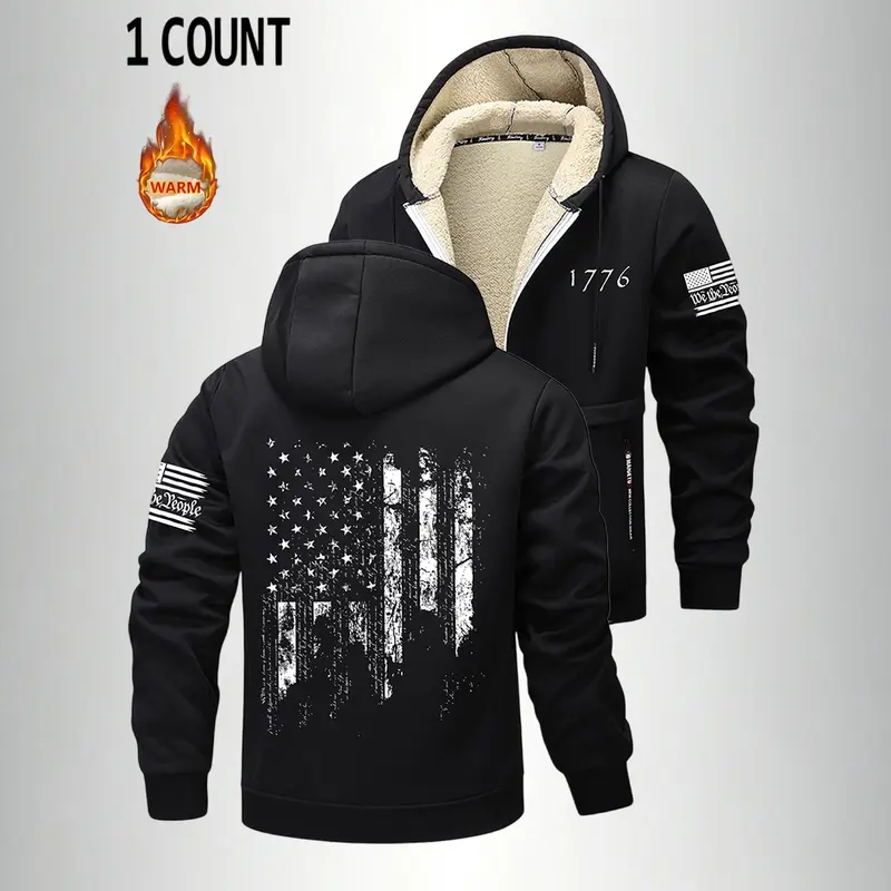 Men's Thick Plush Sherpa Fleece Graphic Zip-Up Hoodie Jacket - 1776 Vintage American Flag, Kangaroo Pocket, Drawstring Hood, Ribbed Cuffs & Hem, Long Sleeve, Patriotic Fall Winter Warm Outdoor Casual Menswear Gift, Graphic Hoodies