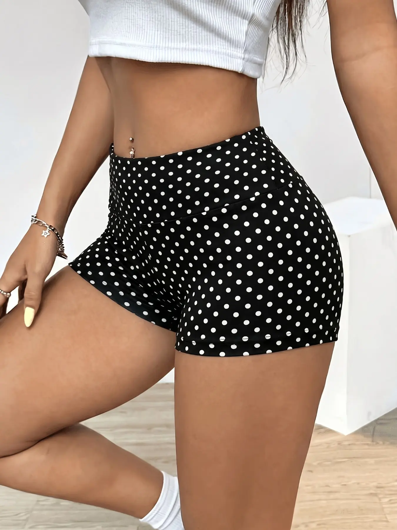 Women'S Black White Polka Dot High Waist Stretchy Slim Fit Hot Pants, Soft Bodycon Casual Shorts, Y2K Coquette Vintage Street Style, Suitable For Shopping Dates, Short Trips, Vacations And Daily Street Outfits